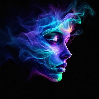 The primary subject of the image is a woman's face, which is the main focus of the image. The setting is a dark background, which contrasts with the vibrant colors of the woman's face. The visual style is a digital art or illustration, as the woman's face is depicted with a colorful, swirling effect. The colors and mood of the image are lively and energetic, with the woman's face being the center of attention.
